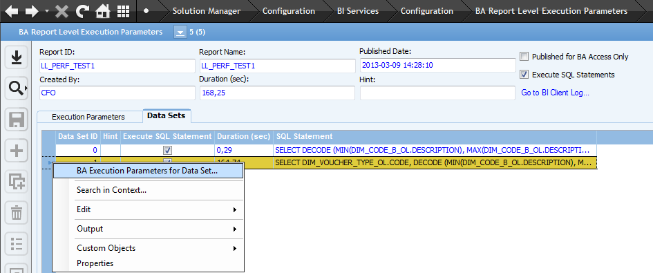 BA Report Level Execution Parameters